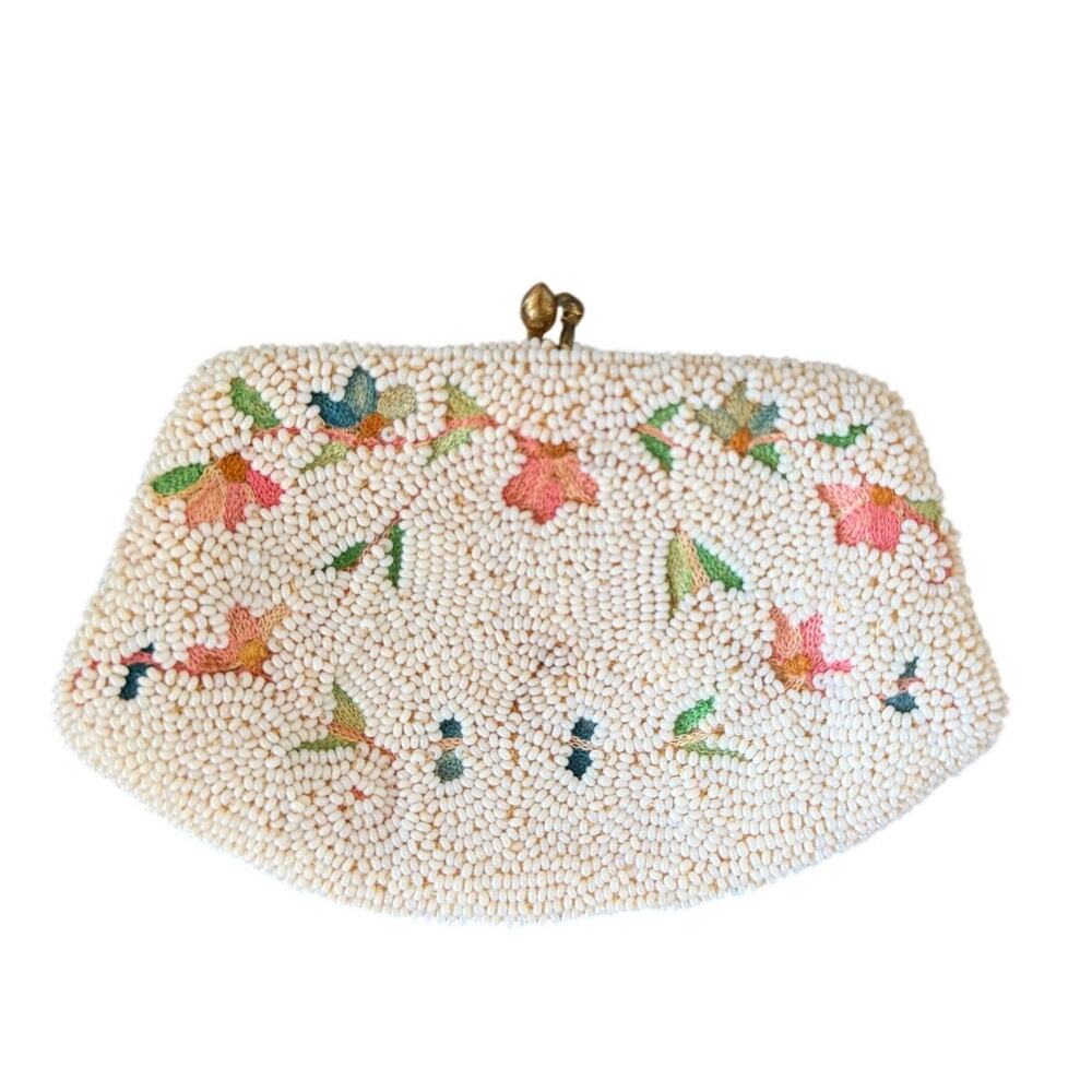 Vintage Walborg Belgium Mini White Beaded Floral Embroidered Coin Purse 4.5x3
